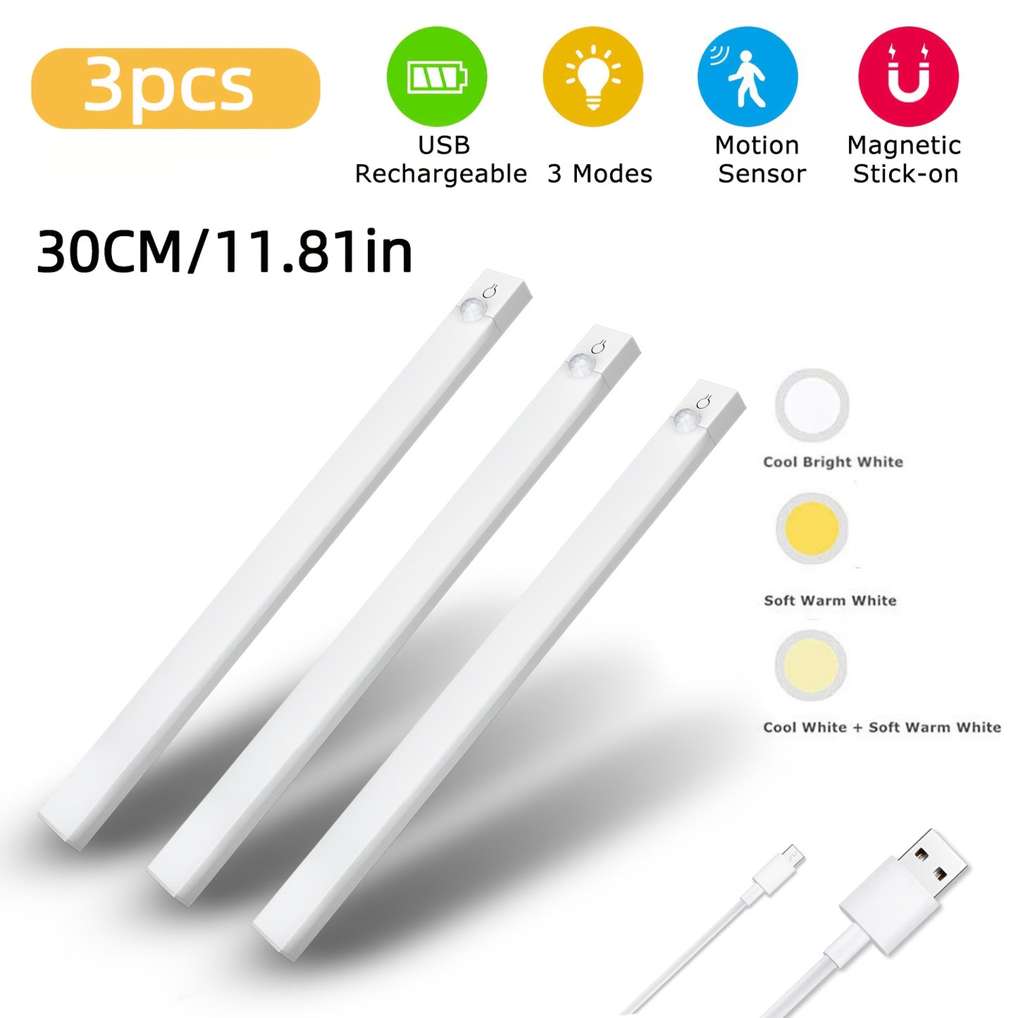 Set of 3 LED Lights with Motion Detection - Adjustable Brightness for Cabinets, Rechargeable Via USB, Featuring Three Color Temperatures (3000K/4500K/6000K), Suitable for Use As Night Lights in Bedrooms, Staircases, Kitchens,