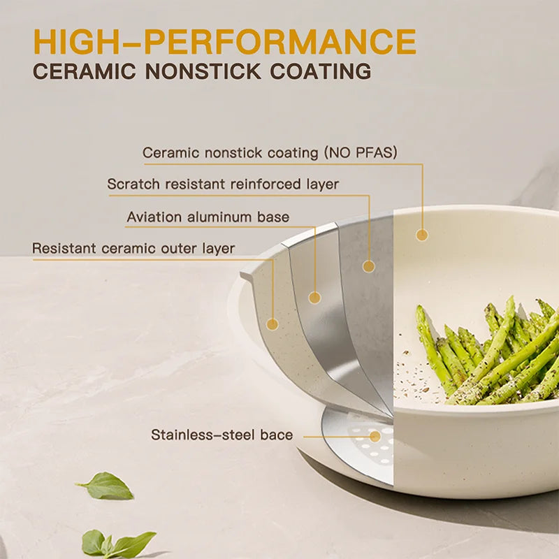 21 Piece Non-Stick Pots and Pans Set with Sensor Handles, Milky white