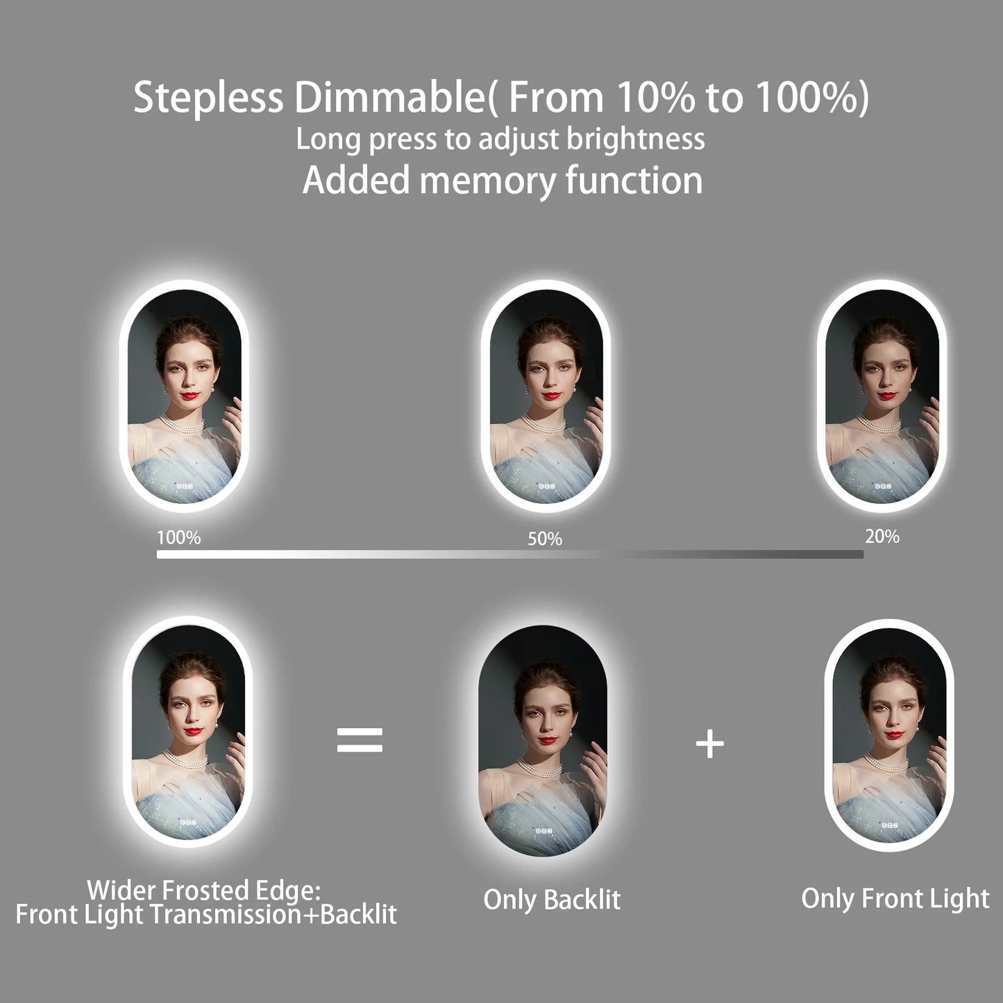 Dimmable 3 Colors Light Smart Anti Fog Oval LED Bathroom Mirror Plug/Hardwire Install