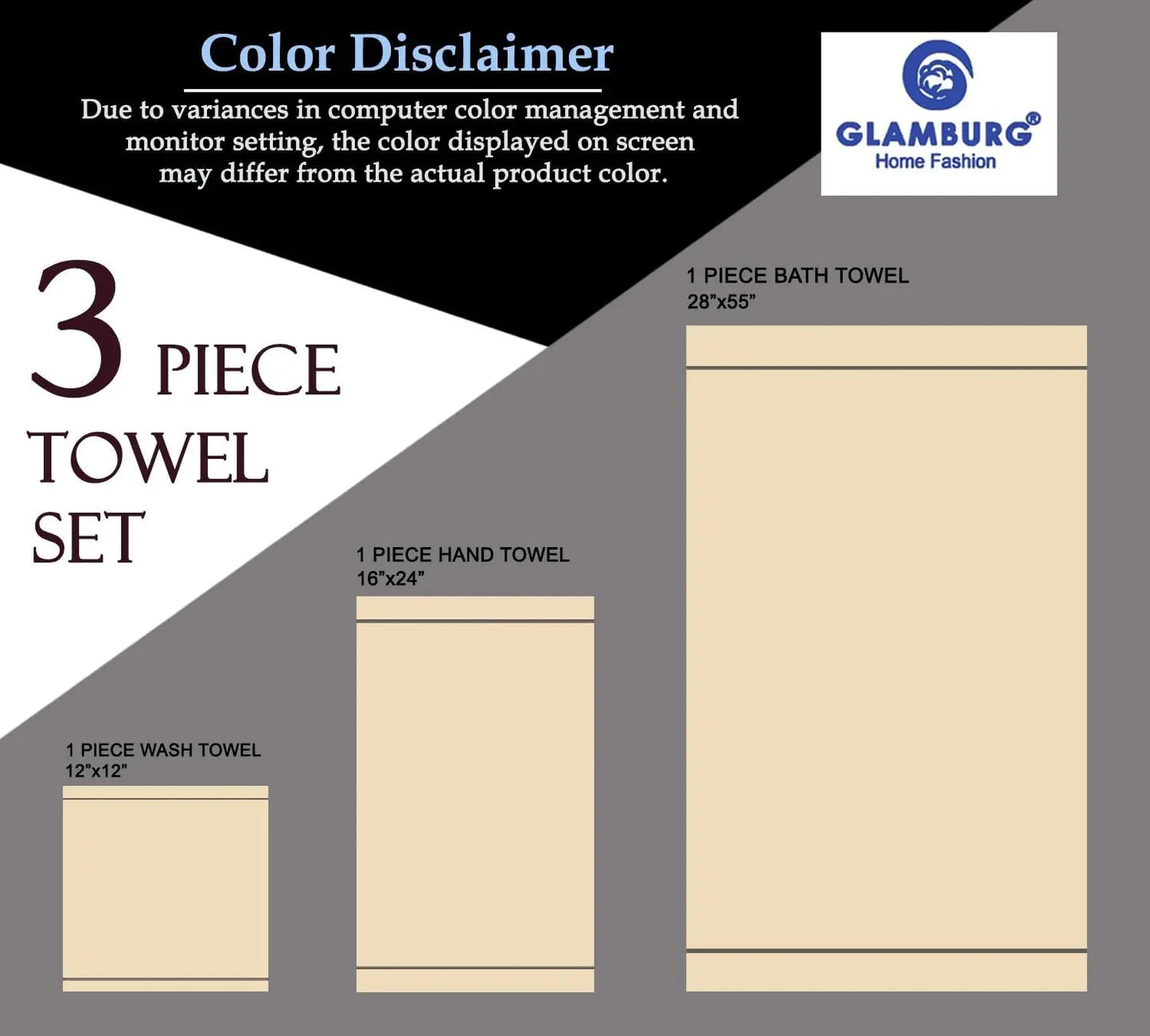 Ultra Soft 3-Pack Cotton Towel Set, Compact & Lightweight for Everyday Use - Black