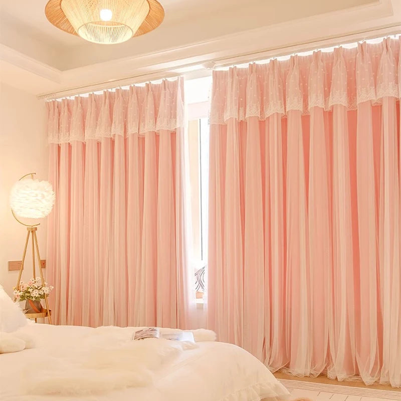2pcs girls double princess style French pink curtain, Hooks