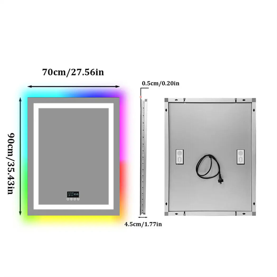 LED Wall Mirror w Bluetooth Dimmable 3 Colors Front + RGB Backlit, Anti-fog, Memory Function, Time Temperature