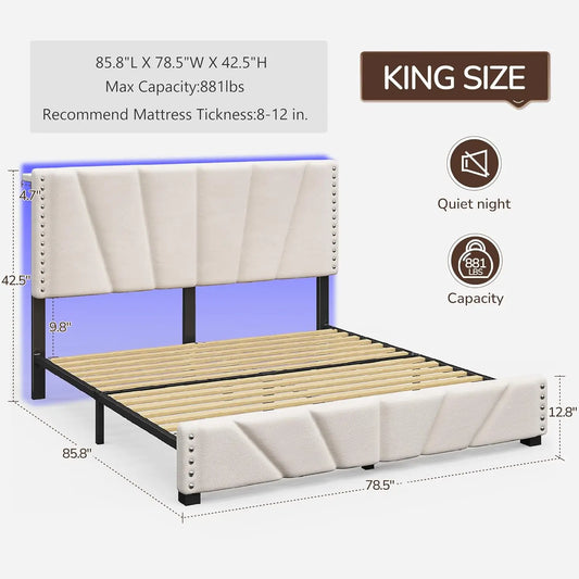 Bed Frame and Storage Velvet Headboard LED Lights and Charging Station