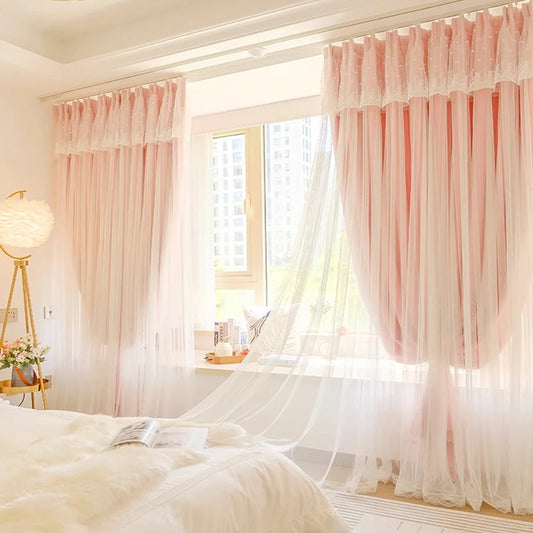 2pcs girls double princess style French pink curtain, Hooks