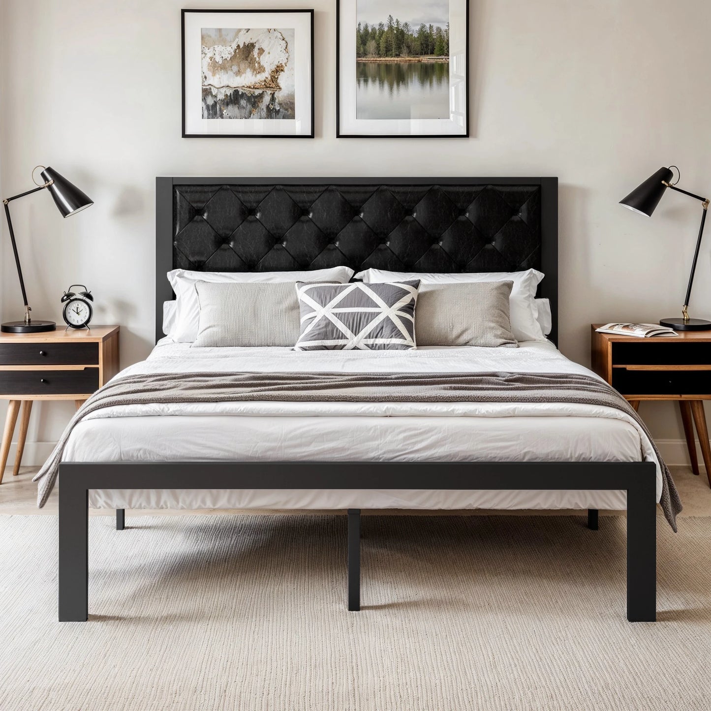 Metal Bed Frame with Upholstered Finely Stitched Headboard, No Box Spring Needed