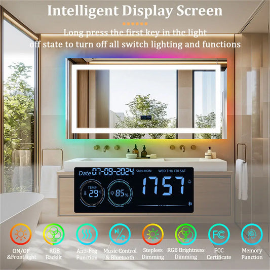 LED Wall Mirror w Bluetooth Dimmable 3 Colors Front + RGB Backlit, Anti-fog, Memory Function, Time Temperature