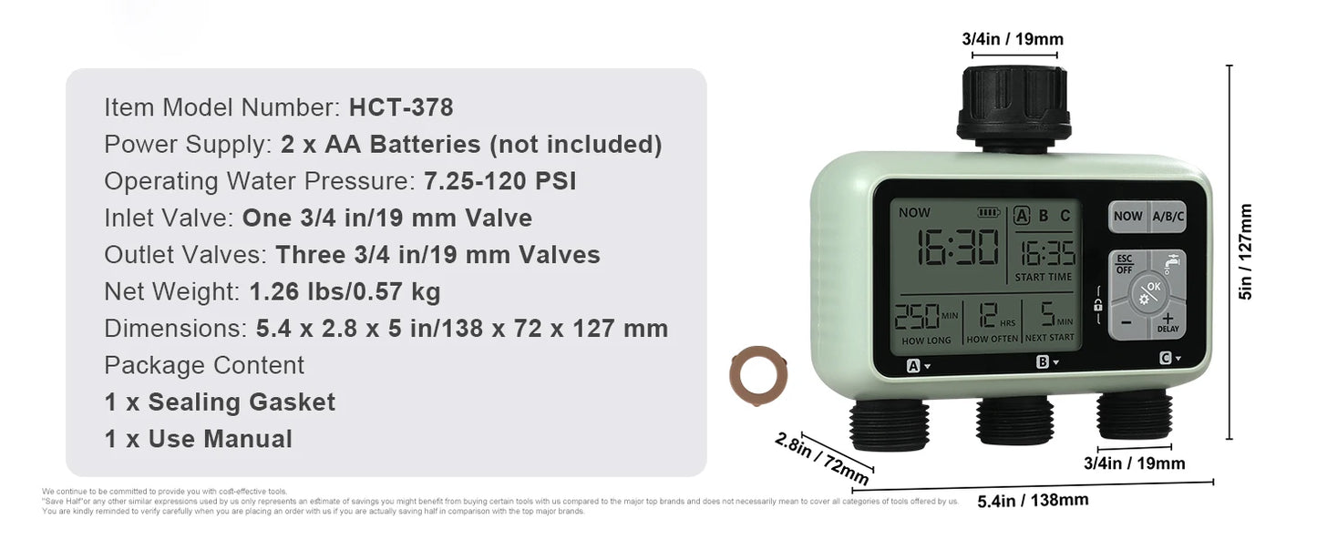 3 Outlets Hose-3 Independent Watering Zones- Watering Sprinkler Timer