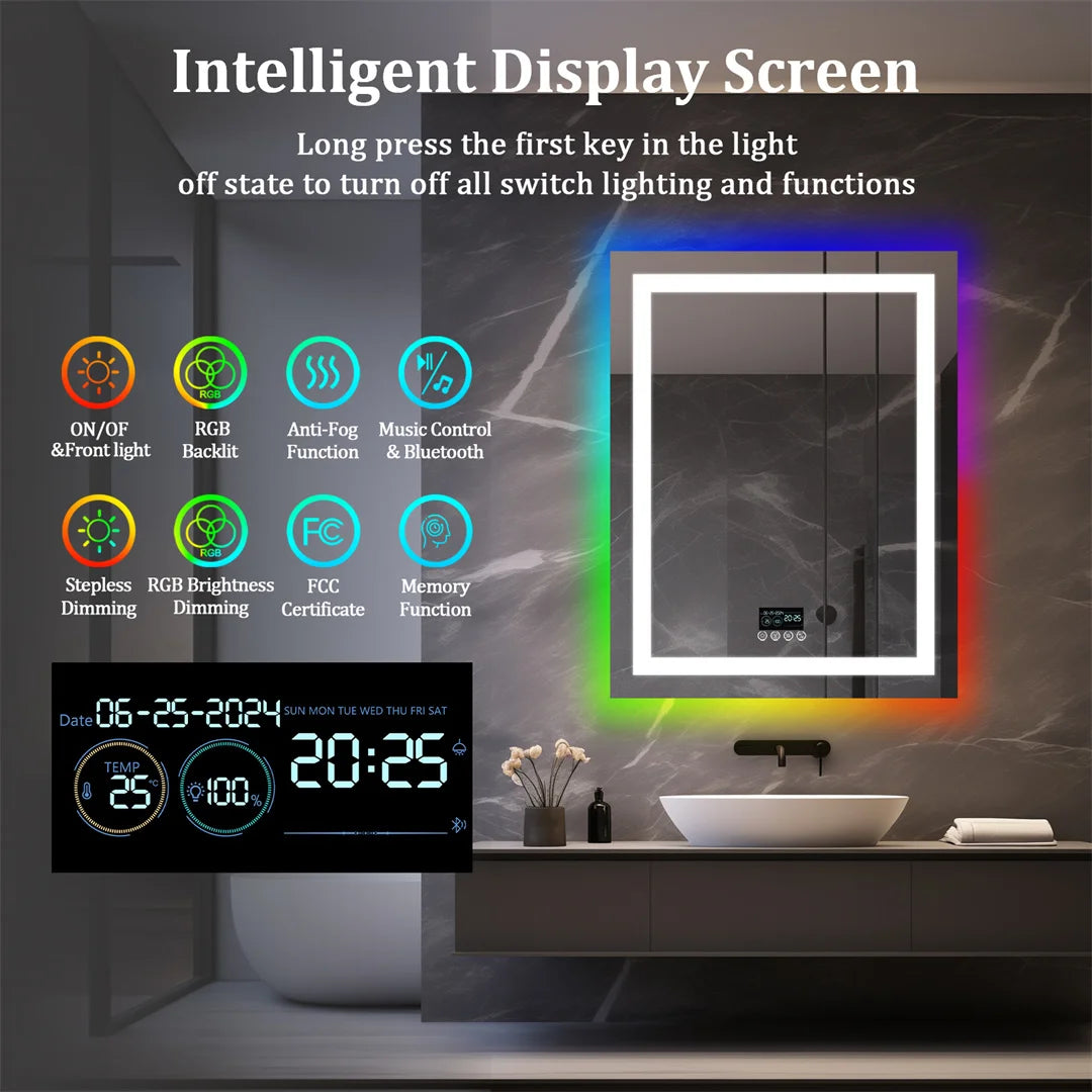 28x36 inch LED Lighted Bathroom Mirror with Bluetooth Speakers with Date Time