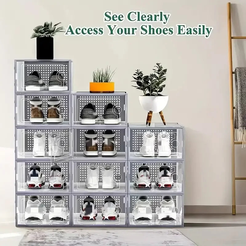 6/12 thick transparent shoe boxes with lids, foldable and stackable