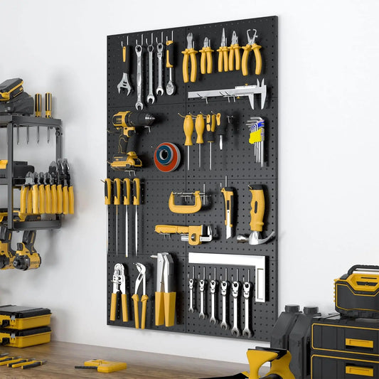 8-Pack Black Metal Pegboard Panels w/50 Hooks, Heavy Duty