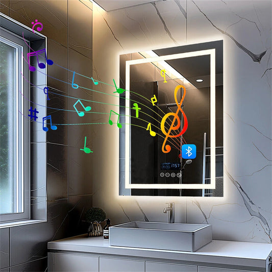 Smart LED Bathroom Mirror Rectangle Wall Mount Mirror w Bluetooth Speaker,Time,Temperature