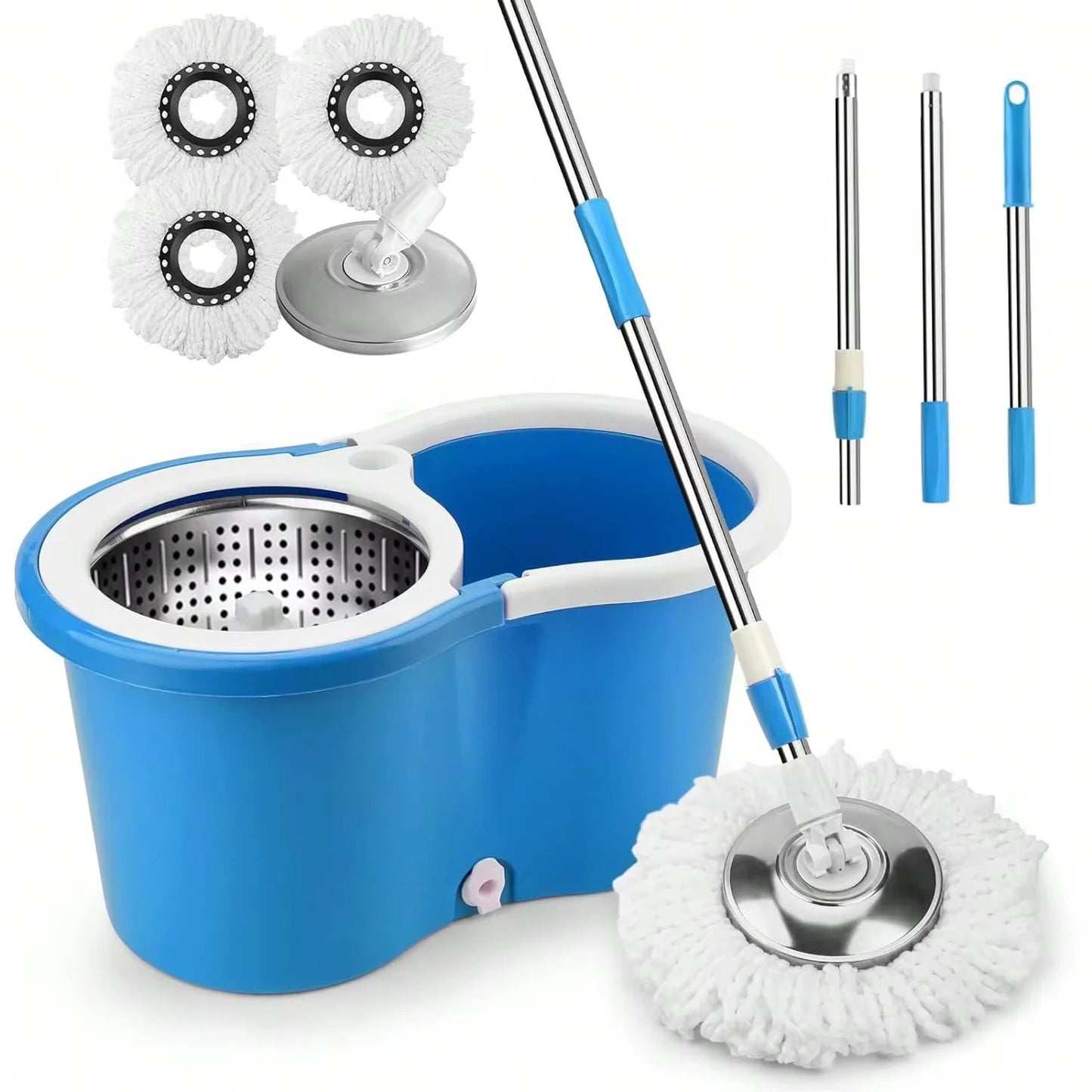 Heavy‑Duty Spin Mop & Bucket System w/ Adjustable Handle & 3 Mop Heads