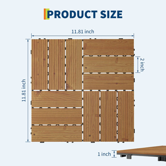 Acacia Wood Connected Deck Tiles for Patio & Outdoor 12"x12" Weatherproof Non-Slip