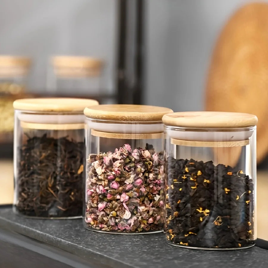 12pcs/set Airtight Glass Storage Jar with Bamboo Lid