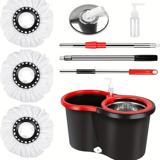 Heavy‑Duty Spin Mop & Bucket System w/ Adjustable Handle & 3 Mop Heads