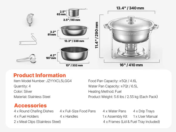 4 Pack Full Size Chafing Dish Stainless Steel w/Lids