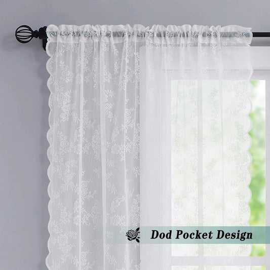 2pcs elegant solid-color curtains with wave lace trim. Holiday home decor.