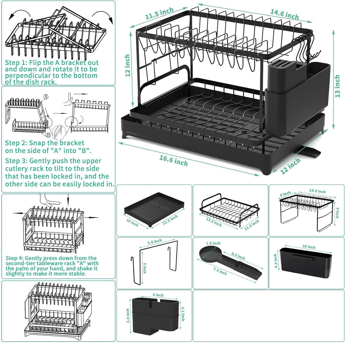 Kitchen countertop 2-tier dish drying rack