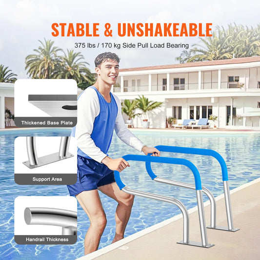 Pool Handrail w/ Grip Cover- Stainless Steel w/ Base Plate- Indoor/Outdoor