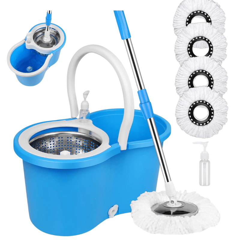 Spin Mop and Bucket with Wringer Set and 4 Microfiber Mop Refills, Stainless Steel, Extended Handle