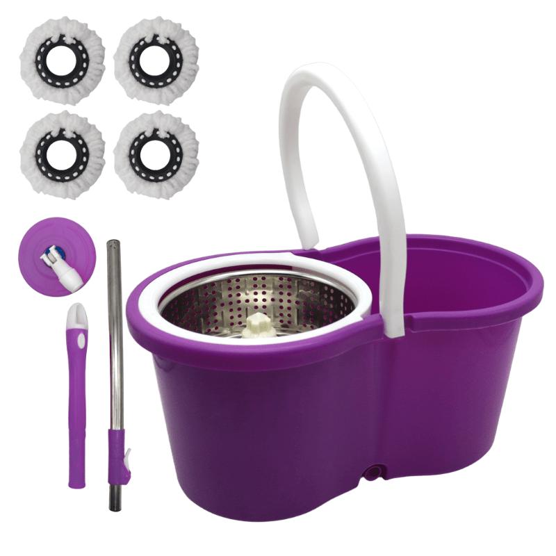 Spin Mop and Bucket with Wringer Set and 4 Microfiber Mop Refills, Stainless Steel, Extended Handle