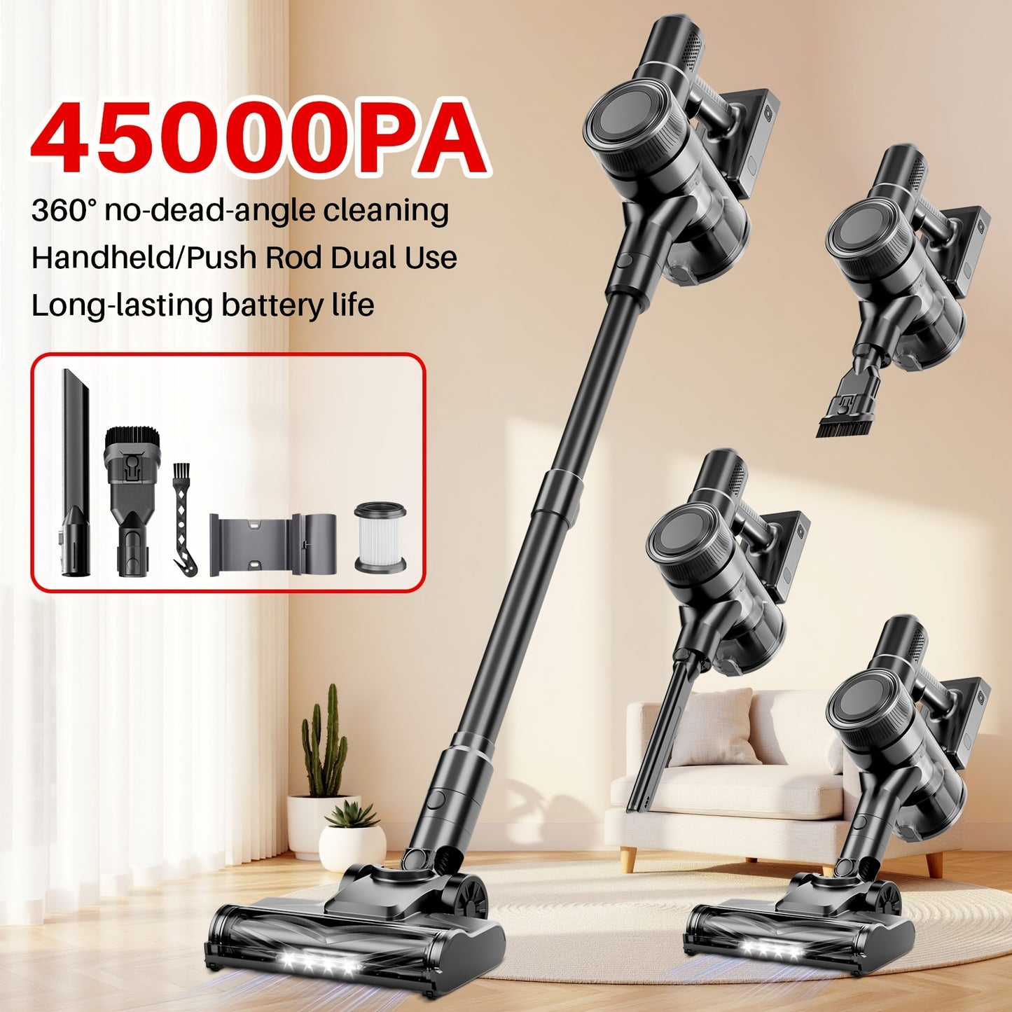 Cordless Vacuum Cleaner, 45-70Kpa Powerful Stick Vacuum with 45min Runtime, 50.72oz Dust Cup, Rechargeable/Wireless Vacuum for Hardwood Floor Carpet