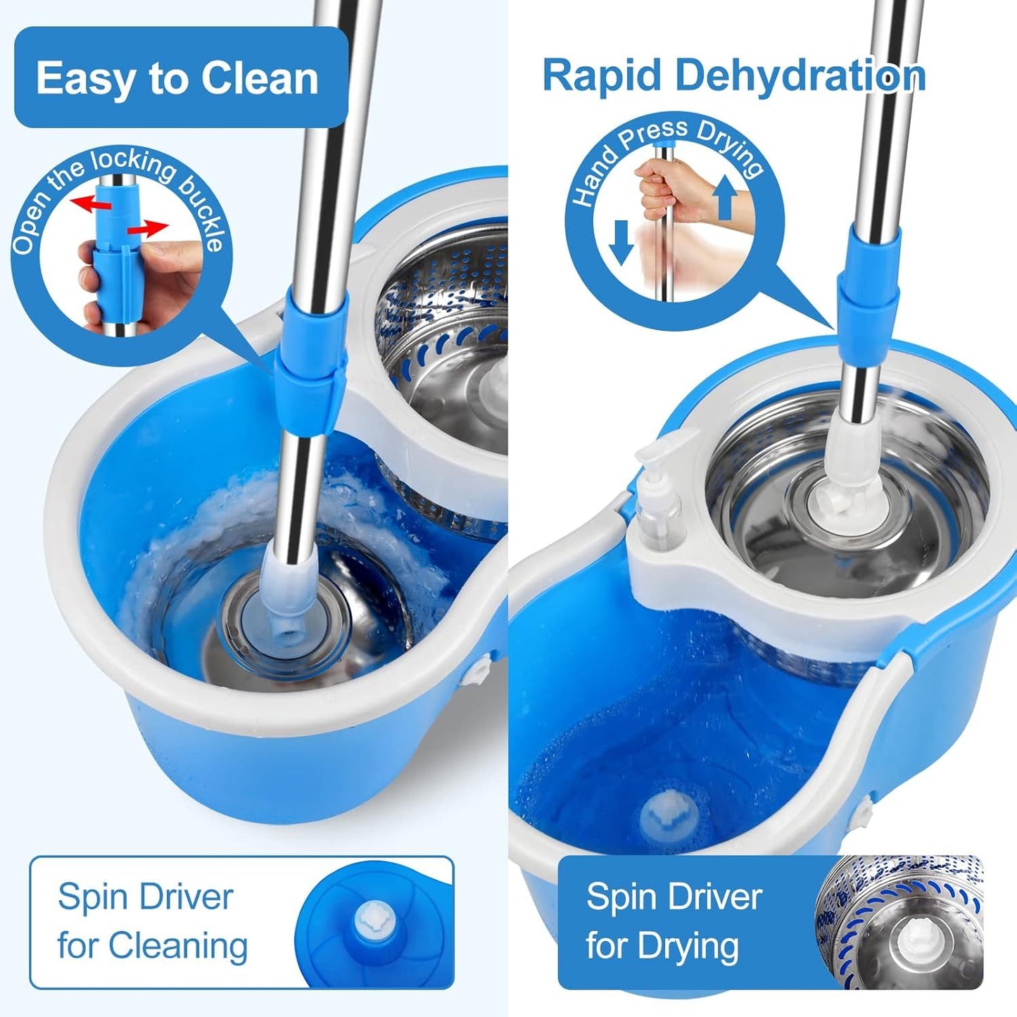 Spin Mop and Bucket with Wringer Set and 4 Microfiber Mop Refills, Stainless Steel, Extended Handle