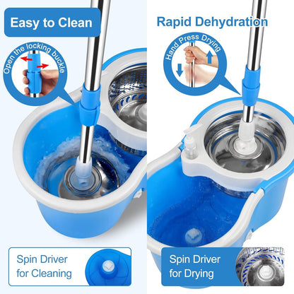 Spin Mop and Bucket with Wringer Set and 4 Microfiber Mop Refills, Stainless Steel, Extended Handle