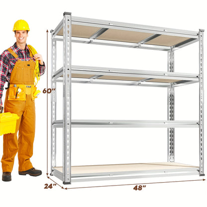 48" W X 24" D X 60" H, 48''W Garage Shelving Heavy Duty Shelving Storage Shelves 2400LB 4 Tier Adjustable, Industrial Strength