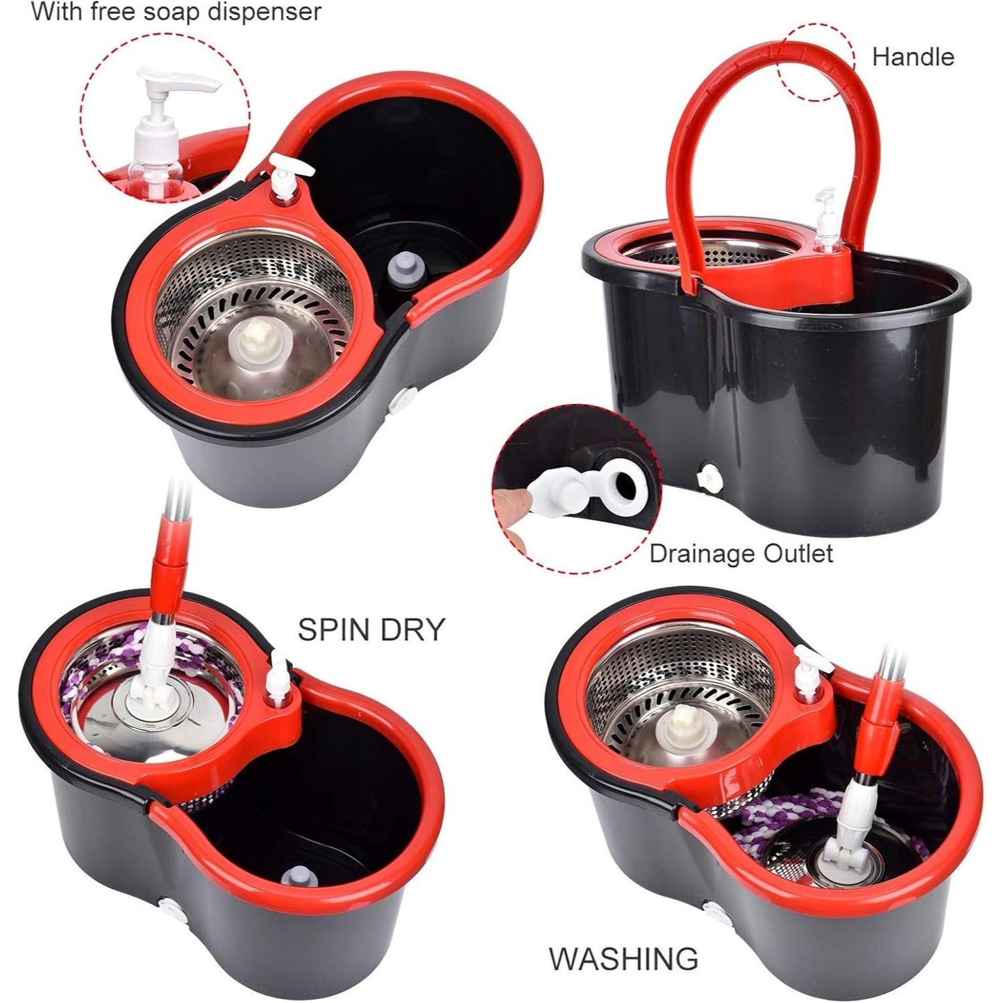 Spin Mop and Bucket with Wringer Set and 4 Microfiber Mop Refills, Stainless Steel, Extended Handle