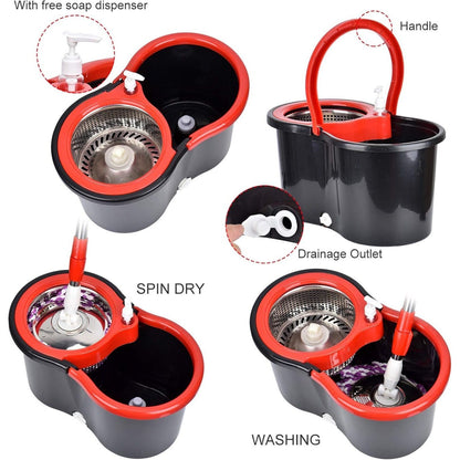 Spin Mop and Bucket with Wringer Set and 4 Microfiber Mop Refills, Stainless Steel, Extended Handle