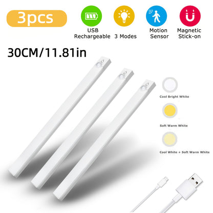 Set of 3 LED Lights with Motion Detection - Adjustable Brightness for Cabinets, Rechargeable Via USB, Featuring Three Color Temperatures (3000K/4500K/6000K), Suitable for Use As Night Lights in Bedrooms, Staircases, Kitchens,