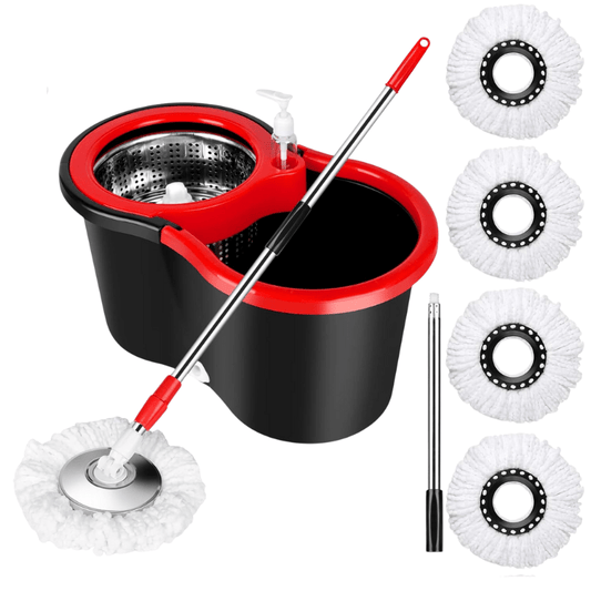 Spin Mop and Bucket with Wringer Set and 4 Microfiber Mop Refills, Stainless Steel, Extended Handle