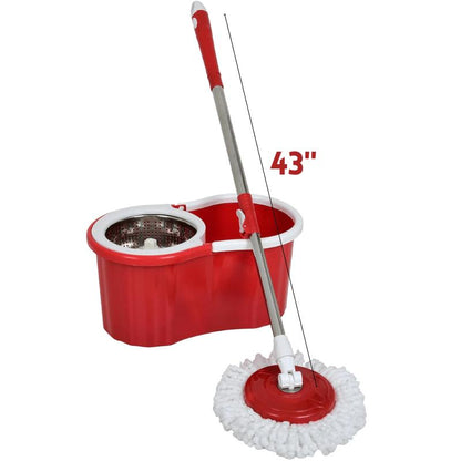 Spin Mop and Bucket with Wringer Set and 4 Microfiber Mop Refills, Stainless Steel, Extended Handle