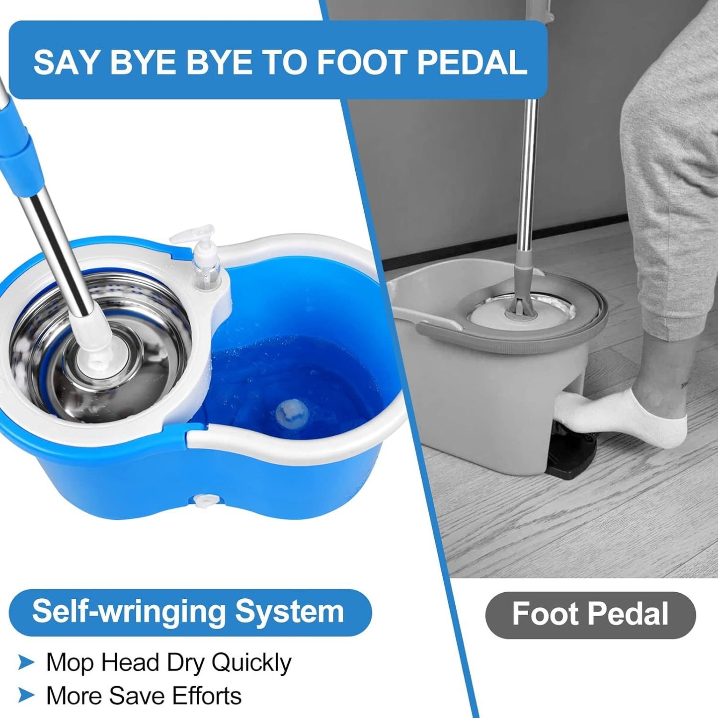 Spin Mop and Bucket with Wringer Set and 4 Microfiber Mop Refills, Stainless Steel, Extended Handle