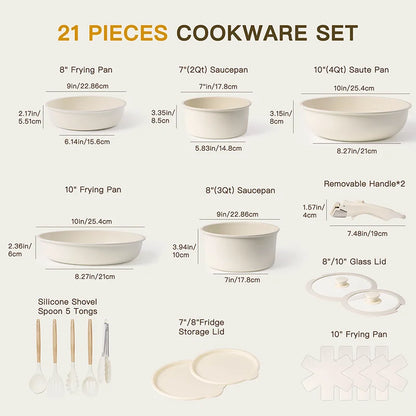 21 Piece Non-Stick Pots and Pans Set with Sensor Handles, Milky white