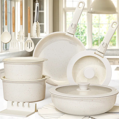 21 Piece Non-Stick Pots and Pans Set with Sensor Handles, Milky white