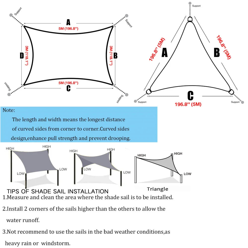 5x5x5/2x2x2M Waterproof Sun Shelter Triangle Sunshade