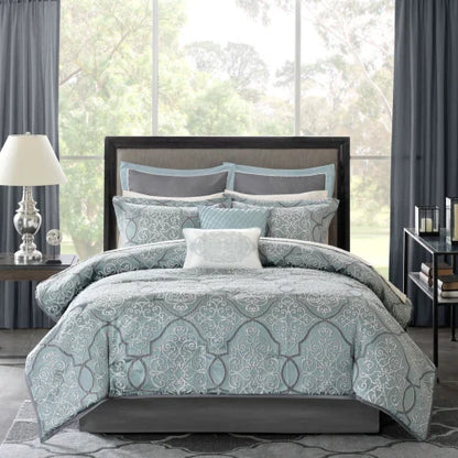 12-Piece Queen Comforter Set Blue Floral Printed Cotton