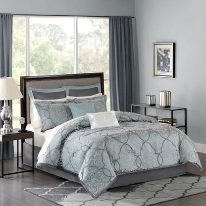12-Piece Queen Comforter Set Blue Floral Printed Cotton