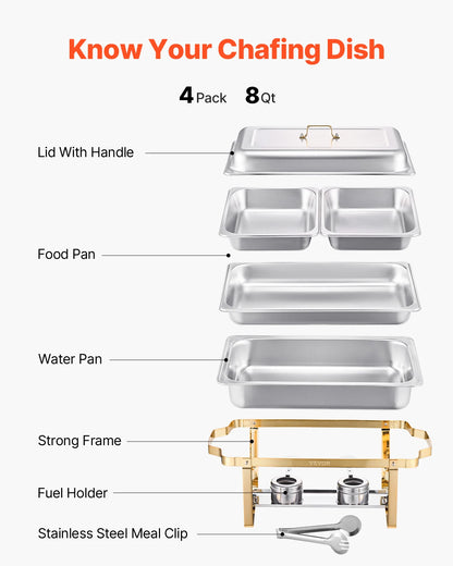 8 Qt 4 Pack Chafing Dish 2 Full Size and 4 Half Size Pan, Stainless Steel