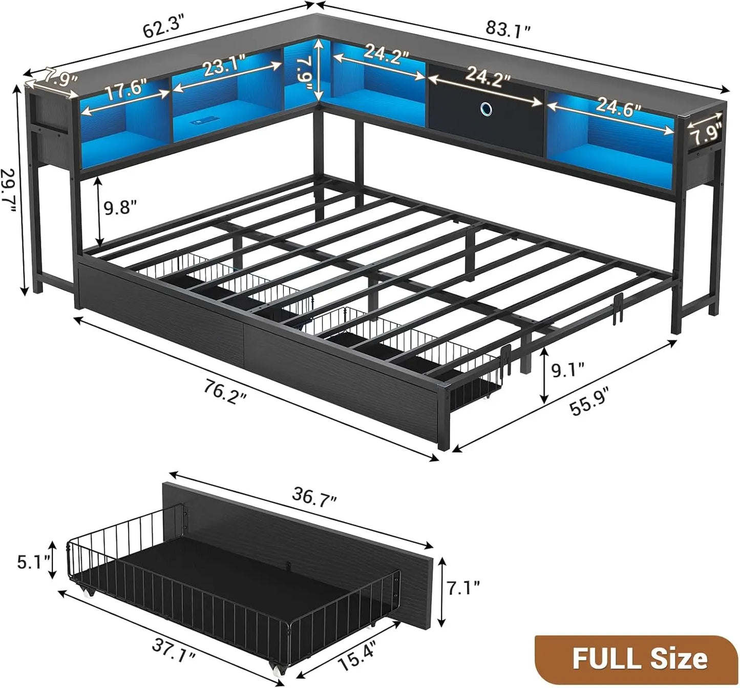 Full Corner Bed Frame w/ Storage Drawers, LED Lights, Charging Station