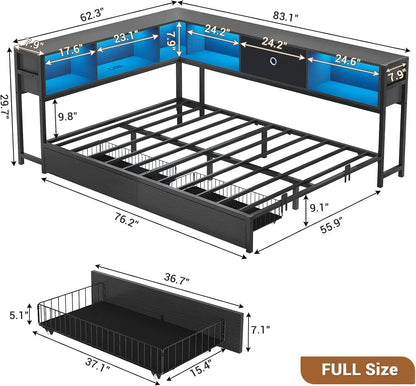 Full Corner Bed Frame w/ Storage Drawers, LED Lights, Charging Station