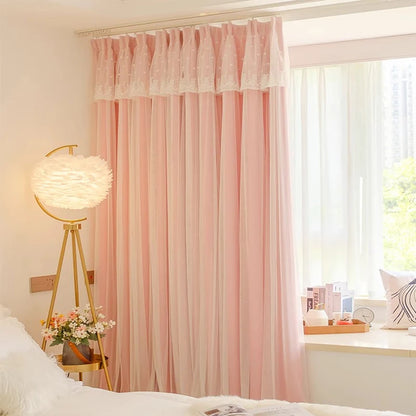 2pcs girls double princess style French pink curtain, Hooks