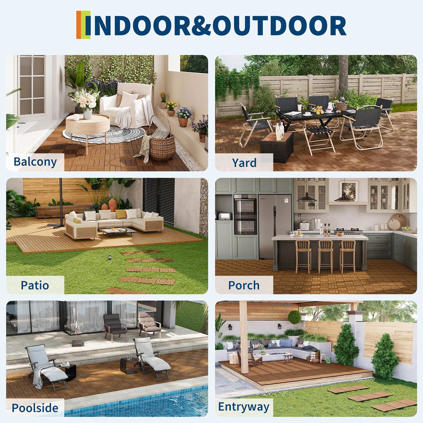 Acacia Wood Connected Deck Tiles for Patio & Outdoor 12"x12" Weatherproof Non-Slip