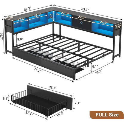 Full Corner Bed Frame w/ Storage Drawers, LED Lights, Charging Station