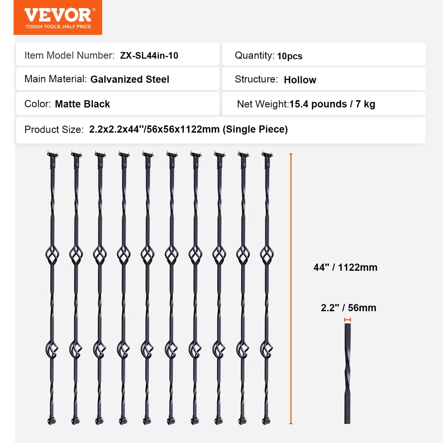 Staircase Metal Balusters- Galvanized Banister Spindles w/ Hollow Baskets Spiral