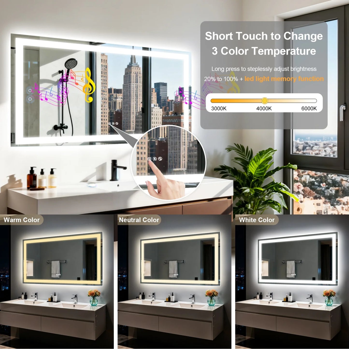 LED Bathroom Mirror with Bluetooth Speaker 3 Colors Dimmable