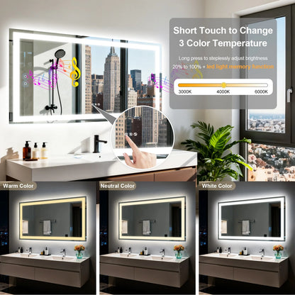 LED Bathroom Mirror with Bluetooth Speaker 3 Colors Dimmable