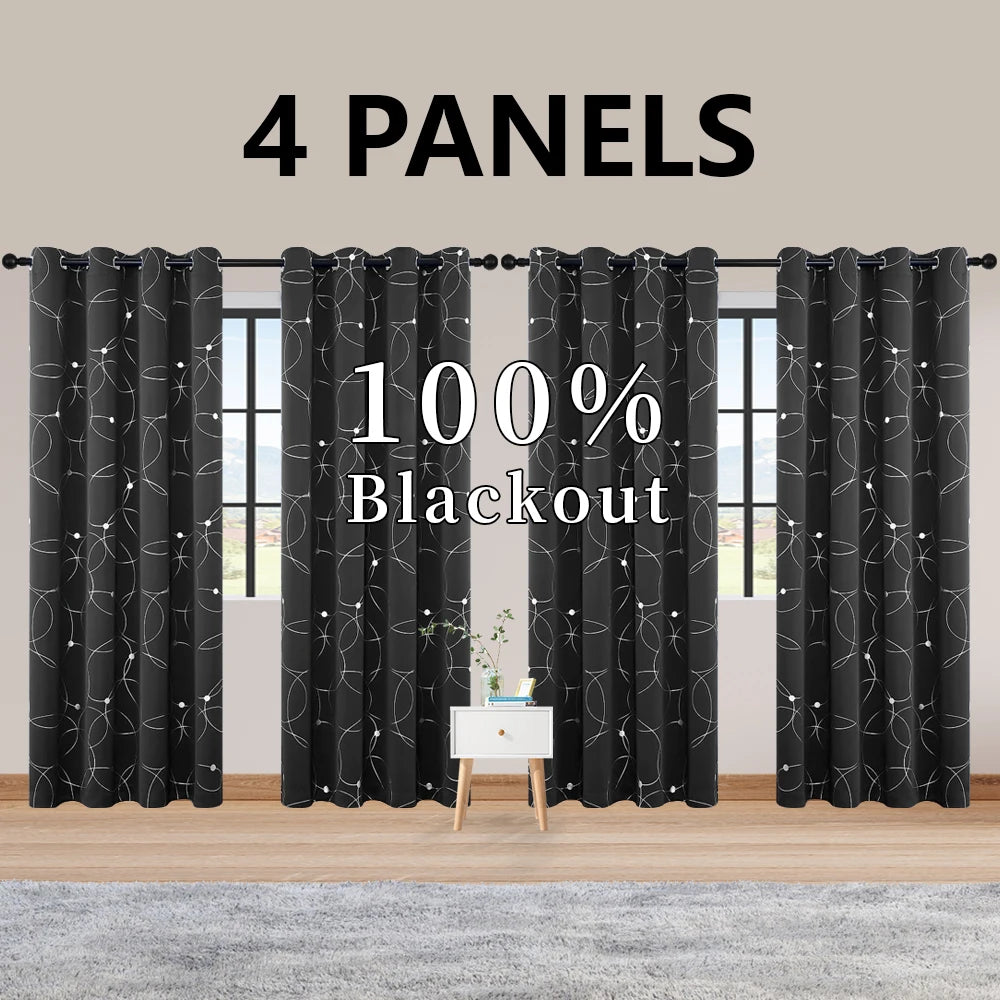 4PCS Blackout Curtains with Grommets Thermal Insulated Circle And Dots Foil Printed